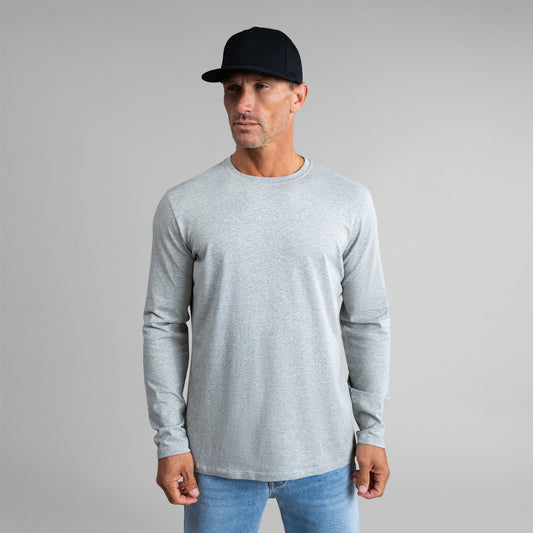 Tags:(6'0" - 180 lbs|Medium) Custom longsleeve t-shirt on model Tyler in Heather Gray