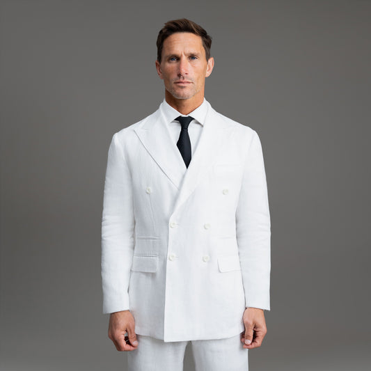 Tags:(6'0"|180 lbs) Bespoke custom linen men's suit los angeles model Tyler in  White