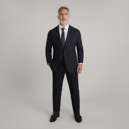 Tags:(5'11"|176 lbs)  Bespoke custom athleisure technical men's suit los angeles model Guillermo in Black