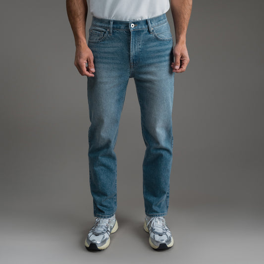 Tags:(6'0" | 180 lbs) sizeless bespoke custom jeans model Tyler in Indigo Dune