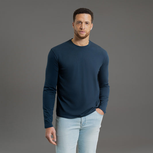 Custom longsleeve t-shirt on model Glen in Deep Sea