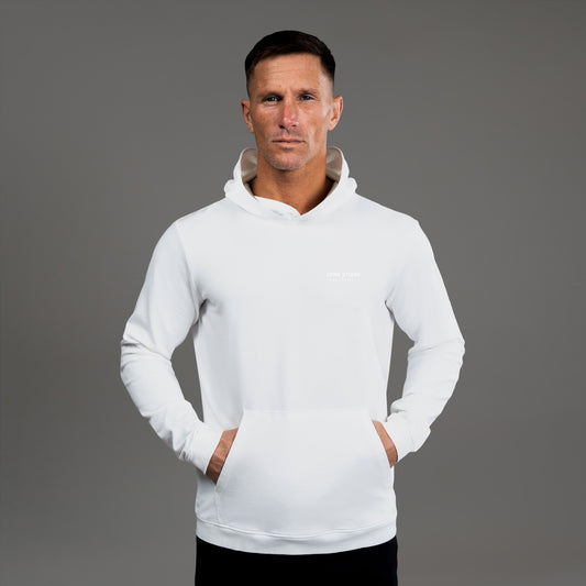 men's custom hoodie model Tyler in White