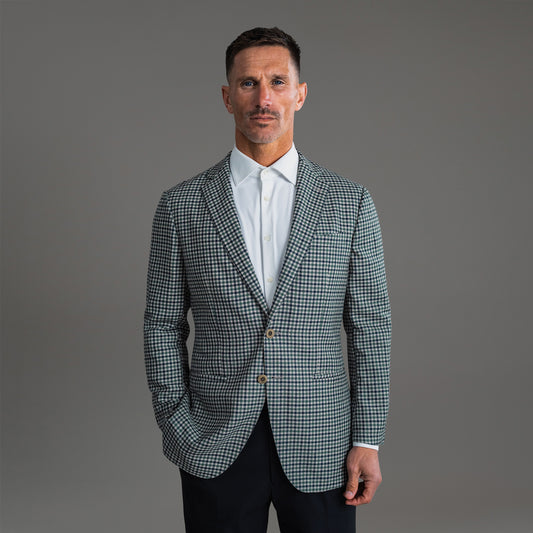 Tags:(6'0"|180 lbs) Bespoke custom Soho Blazer los angeles model Tyler in Kew Houndstooth