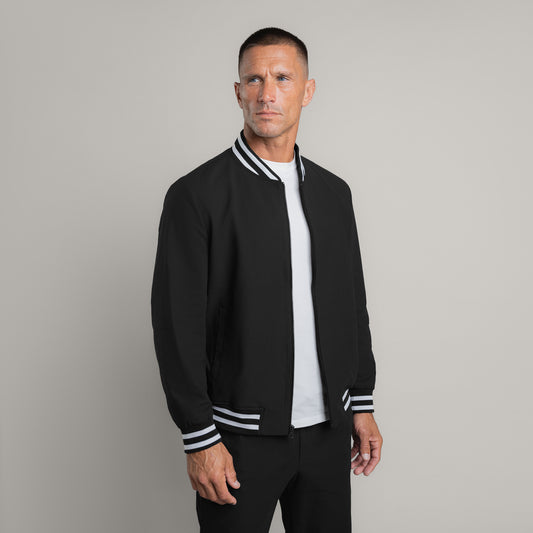 men's custom bomber jacket model Tyler in Varsity Black 